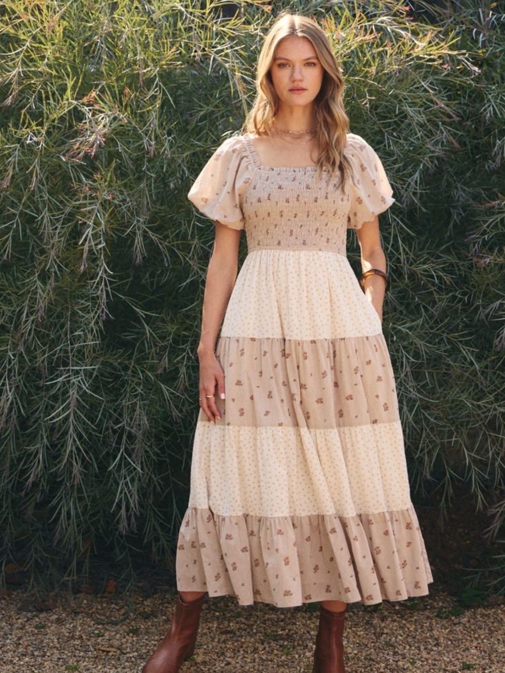 Beige Floral Tiered Midi Dress with Puff Sleeves